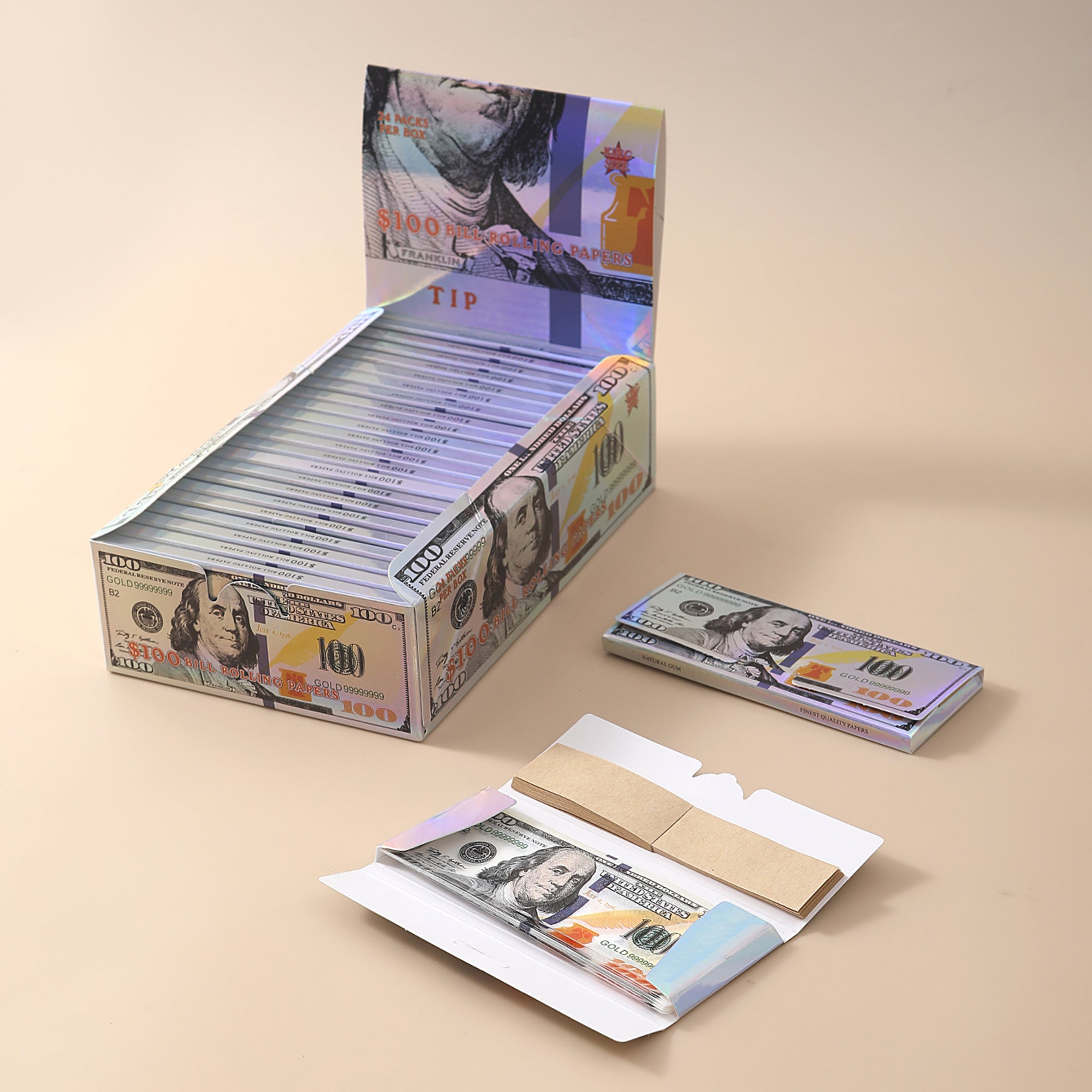 24 Leaves/Booklet 24 Booklets/Case Laser US Dollars Rolling Papers With Filter Tips