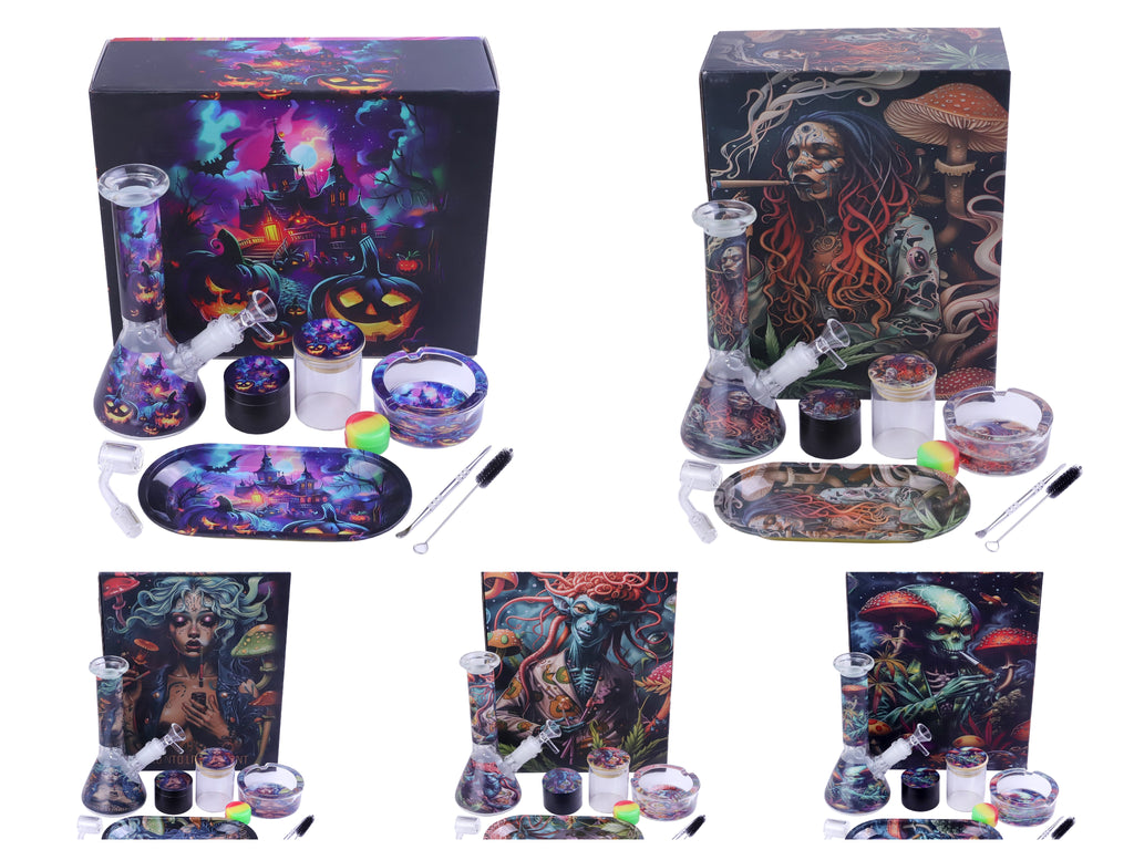 11pcs Wholesale Smoking Kit Glass Bong Ashtray Metal Grinder Jar Rolling Tray 11 in 1 Smoking Set