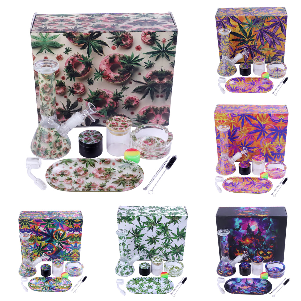 11pcs Wholesale Smoking Kit Glass Bong Ashtray Metal Grinder Jar Rolling Tray 11 in 1 Smoking Set