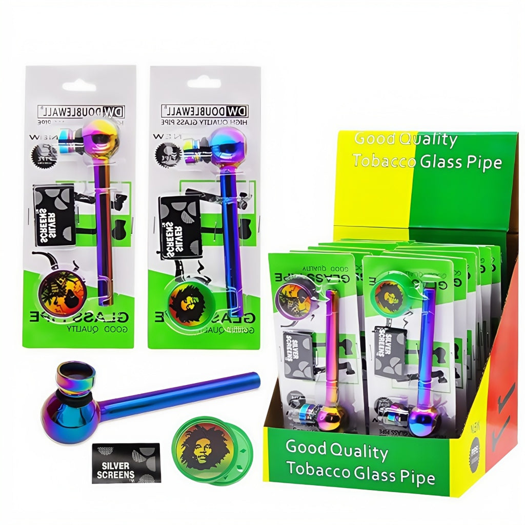 3 in 1 Smoking Glass Pipe with Plastic/Metal Grinder Screen