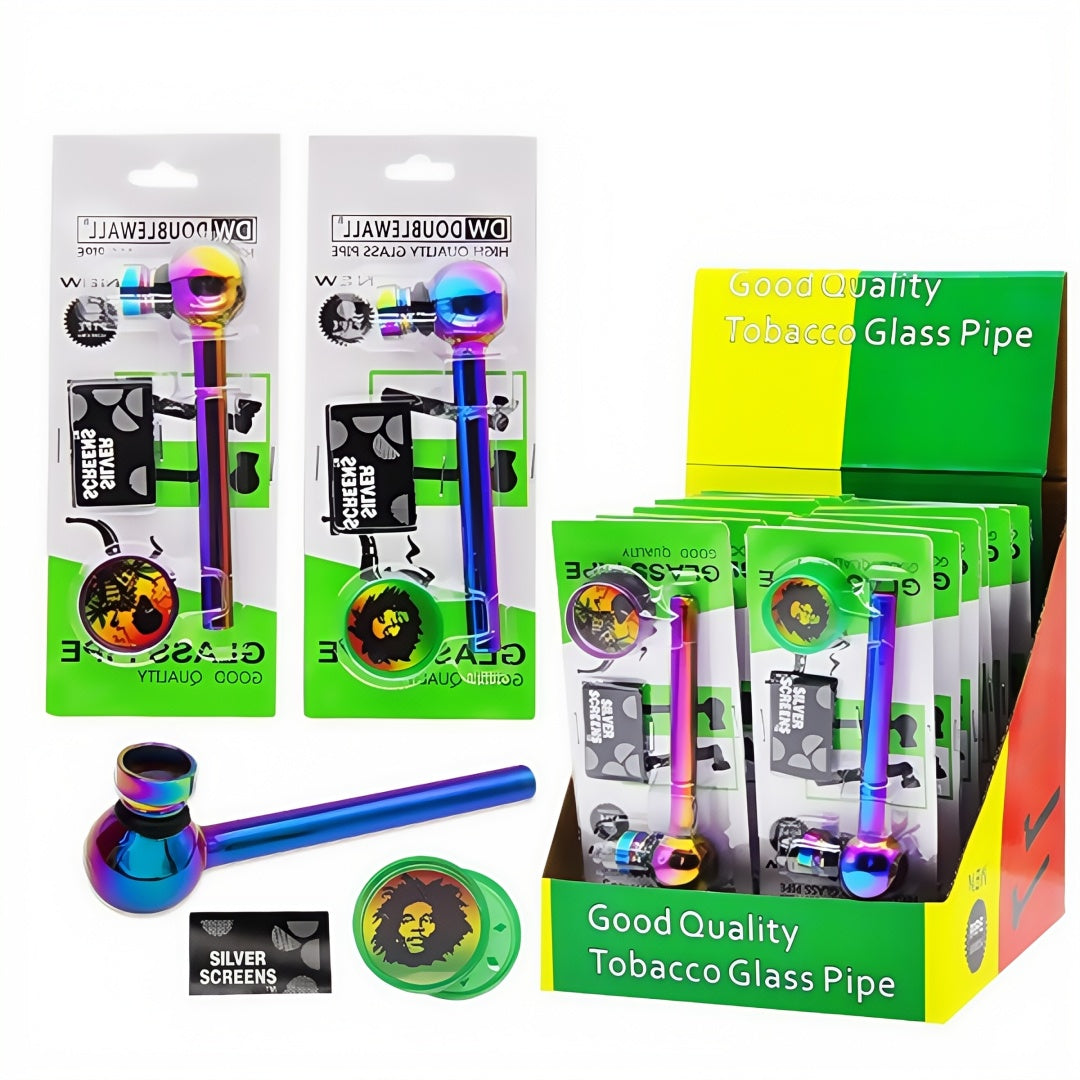 3 in 1 Smoking Glass Pipe with Plastic/Metal Grinder Screen